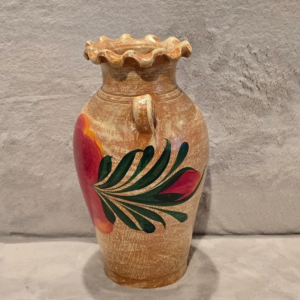 Mexican FolkArt Hand Painted Floral Pottery Vase Ruffled Rim Signed Mexico